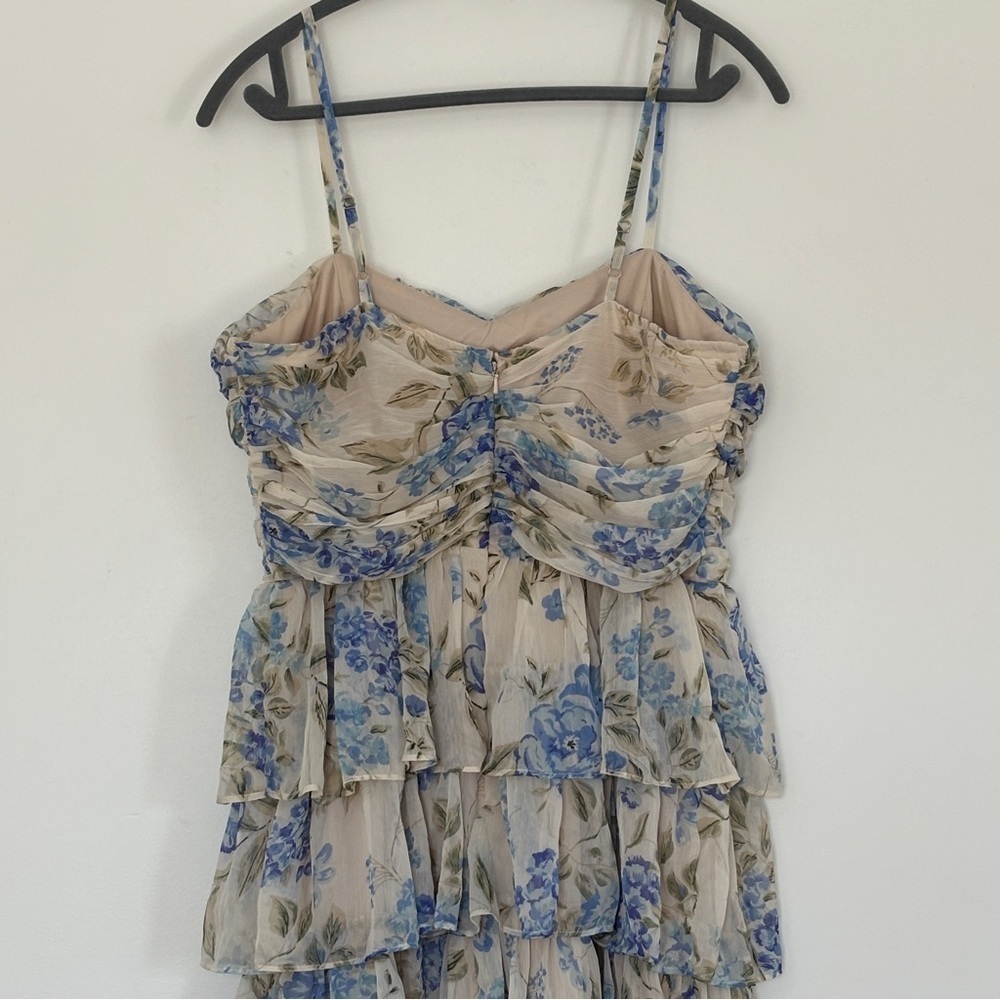 Lulus Arata Beige Blue Floral Cutout Tiered Maxi Dress size XL Sheer Big Florals - Picture 8 of 13